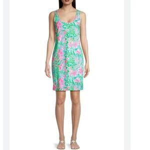 Lilly Pulitzer Newberri Tank Dress, Amalfi Blue Leaf It Wild Size XSMALL Green